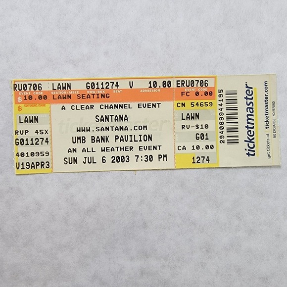 Ticketmaster Other - Santana Concert Ticket Stub UMB Bank Pavilion Maryland Heights MO July 6 2003